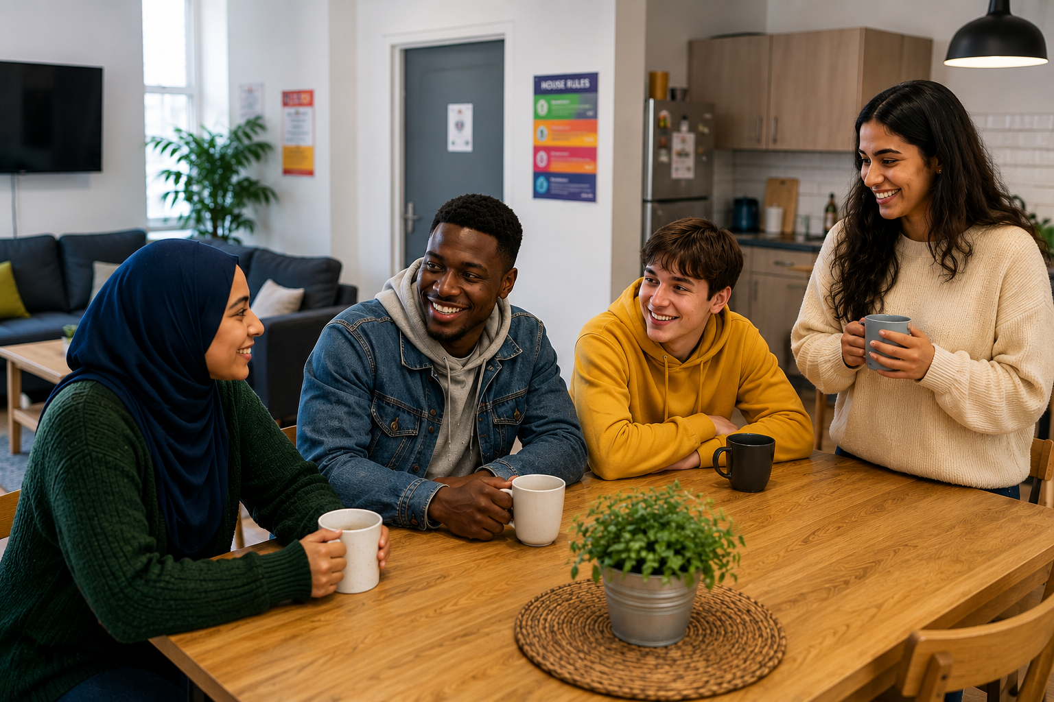 Young people arriving at a modern apartment block with their belongings — a moment of moving into a new supported home